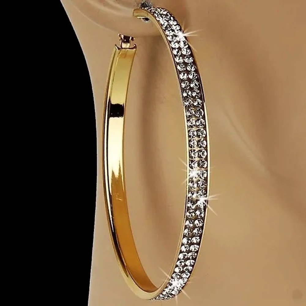 2.5" long Pave Set rhinestone cz Crystal dangle drop ladies Hoop Earrings Gold